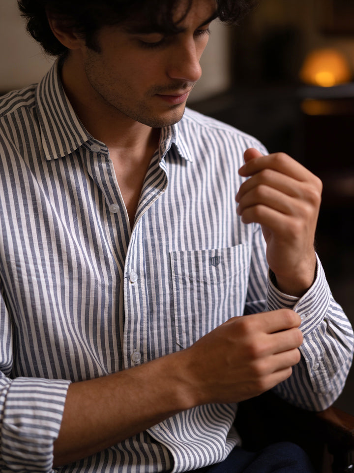 Powder Navy and White Stripes Casual Shirt