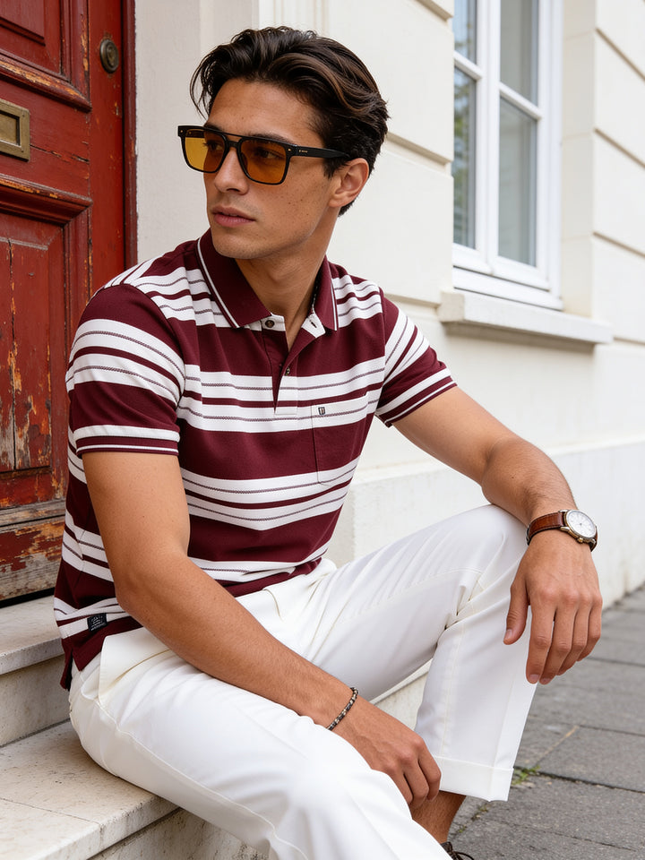 Maroon Red and White Stripes Polo T Shirt