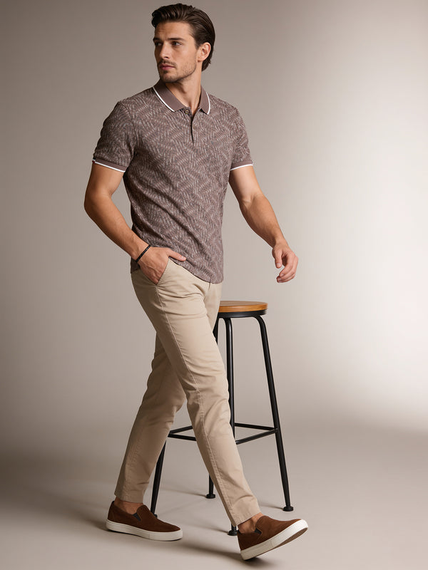 Fawn Brown Geometric Printed Polo T Shirt