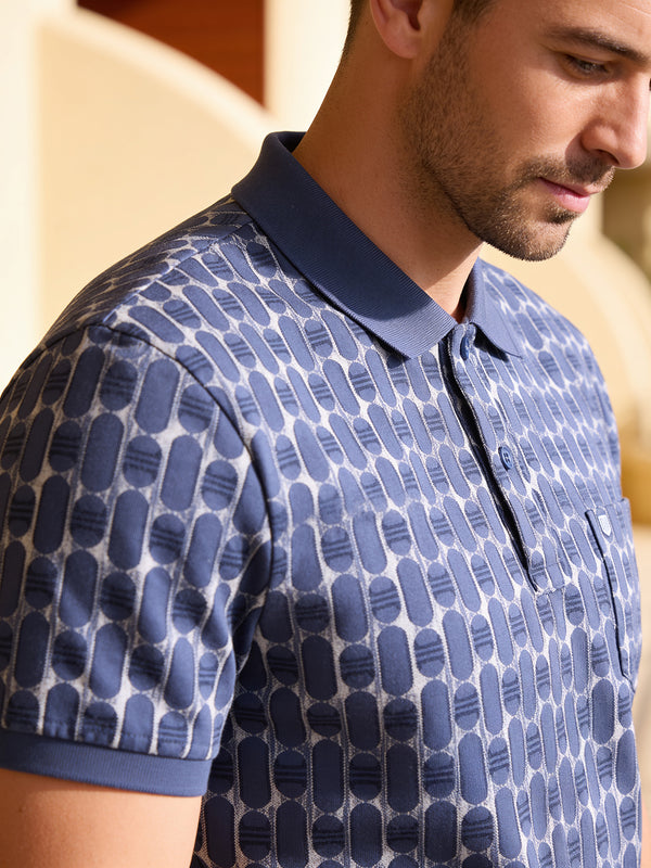 Denim Blue Abstract Printed Polo T Shirt