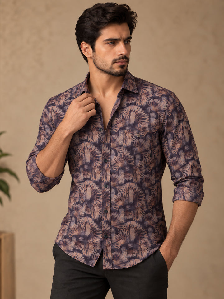 Smoked Purple and Sand Floral Printed Casual Shirt
