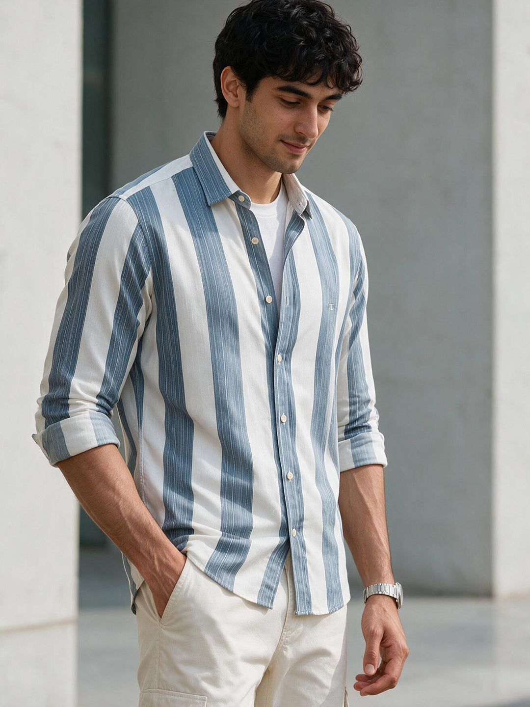 Silver Sky Blue Stripes Casual Shirt
