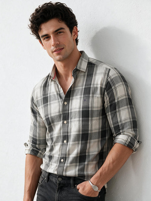 Ash Green and Black Checked Casual Shirt