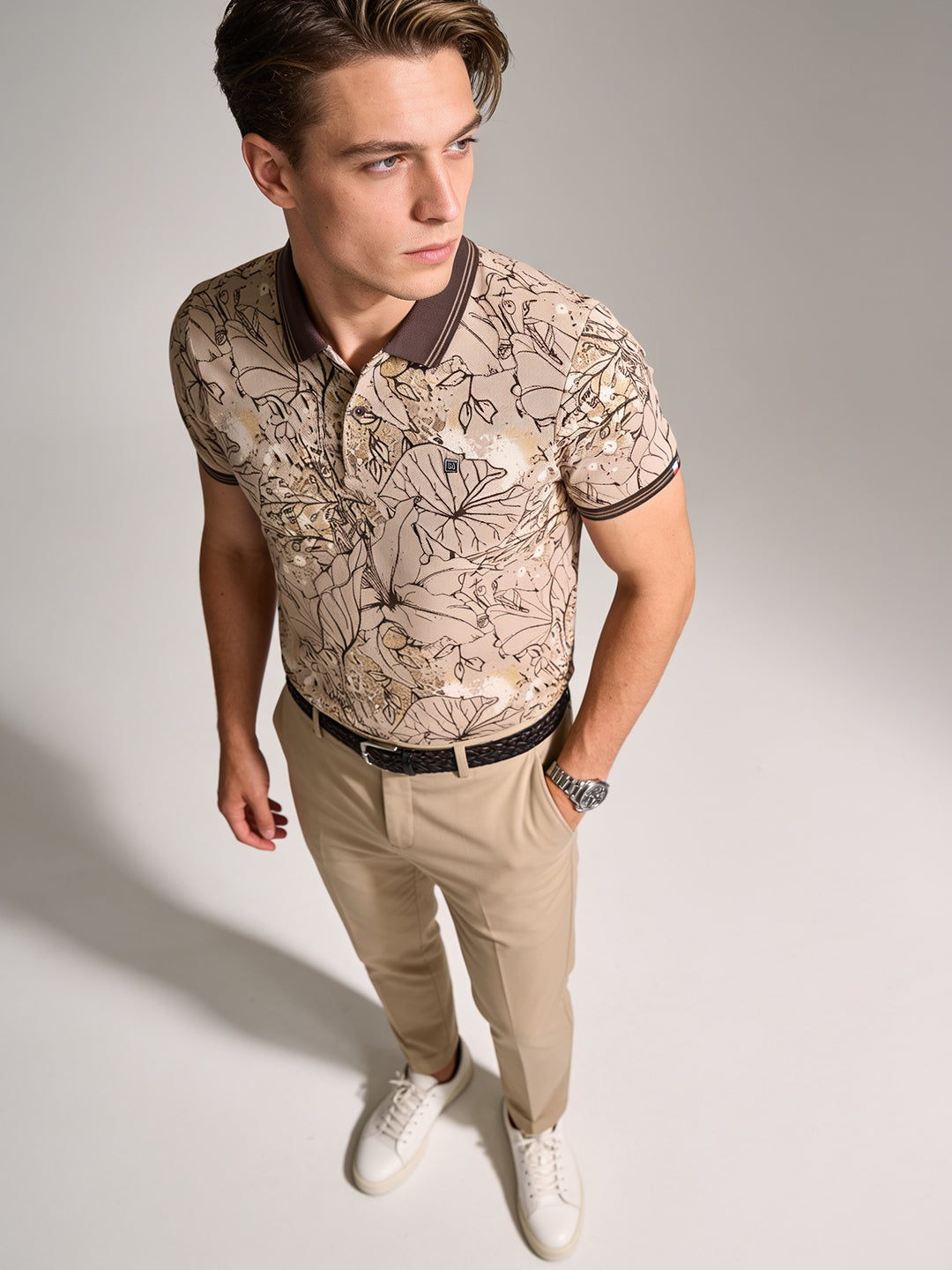 Mocha Beige Printed Polo T Shirt