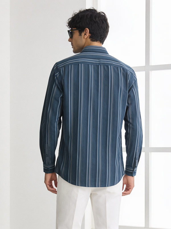 Blue Steel Vertical Stripes Casual Shirt