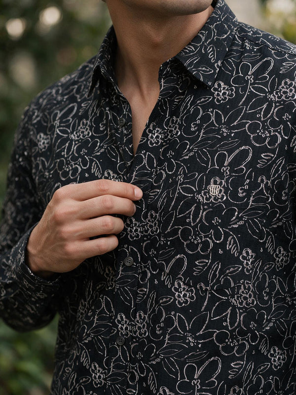 Raven Black Floral Printed Casual Shirt