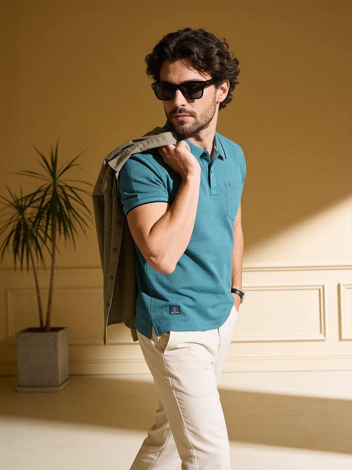 Teal Green Solid Polo T Shirt