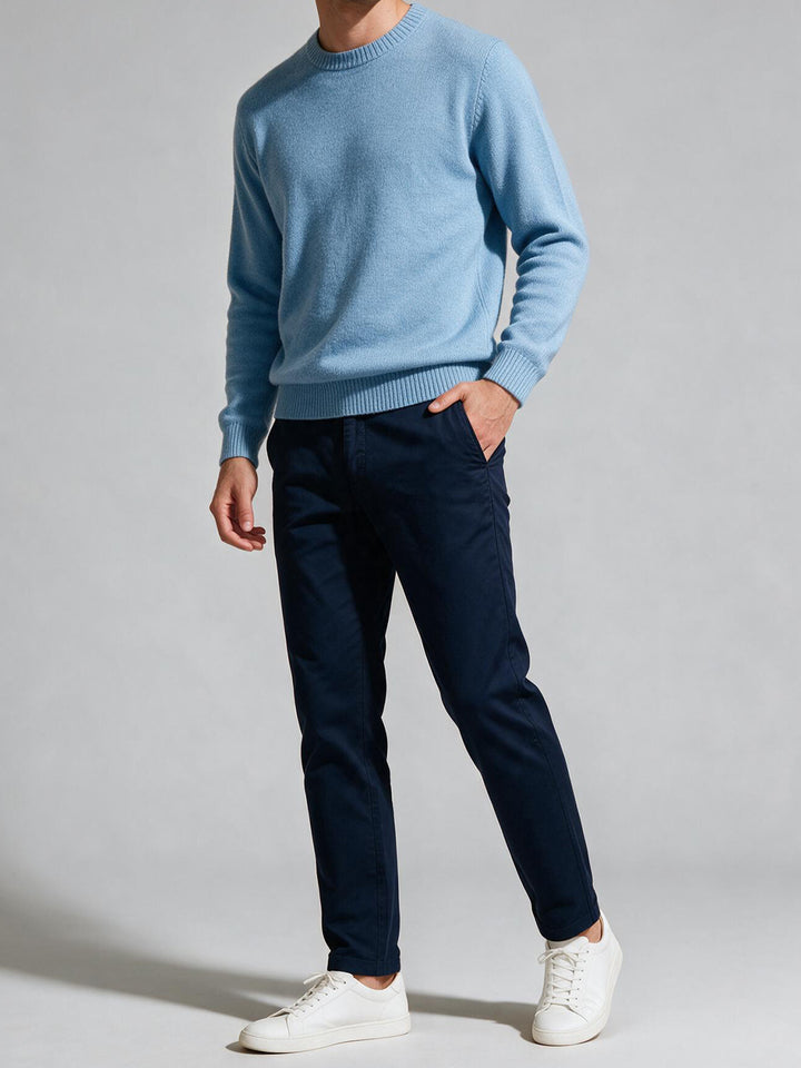 Navy Cotton Twill Satin Solid Casual Trousers