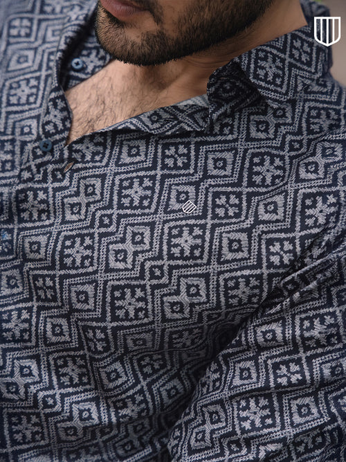Navy Blue Geometric Printed Casual Shirt