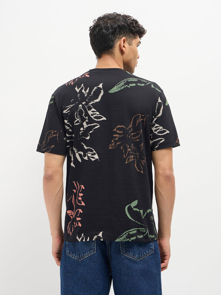 Black Printed Crew Neck T Shirt