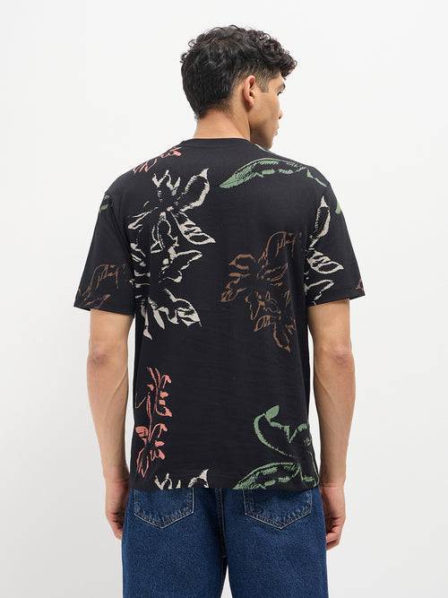 Black Printed Crew Neck T Shirt