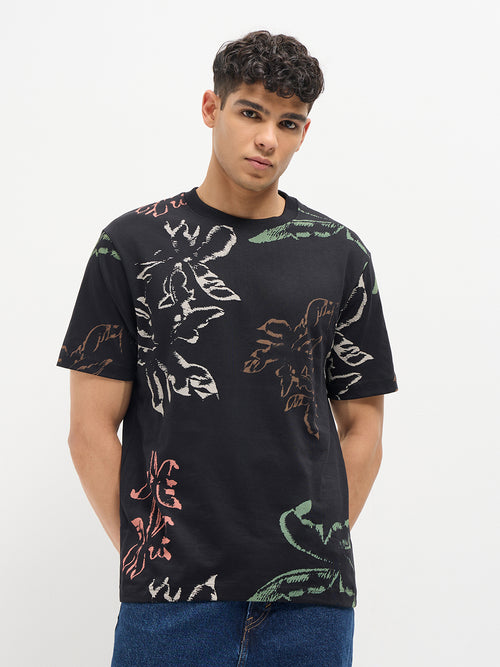 Black Printed Crew Neck T Shirt