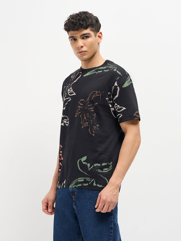 Black Printed Crew Neck T Shirt