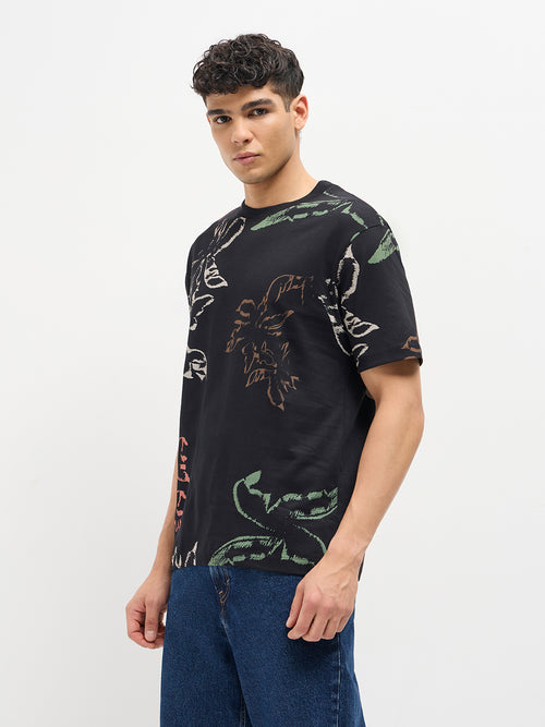 Black Printed Crew Neck T Shirt