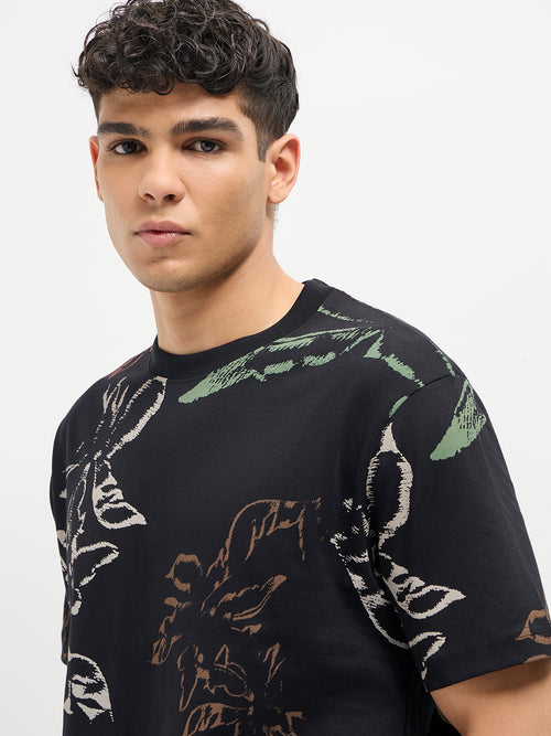 Black Printed Crew Neck T Shirt