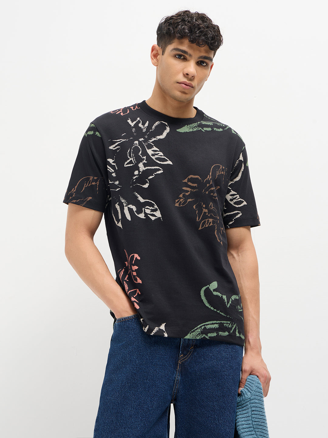 Black Printed Crew Neck T Shirt