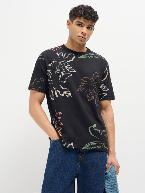 Black Printed Crew Neck T Shirt
