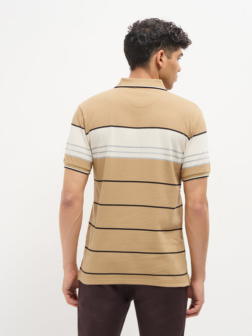 Sand Horizontal Stripes Polo T Shirt
