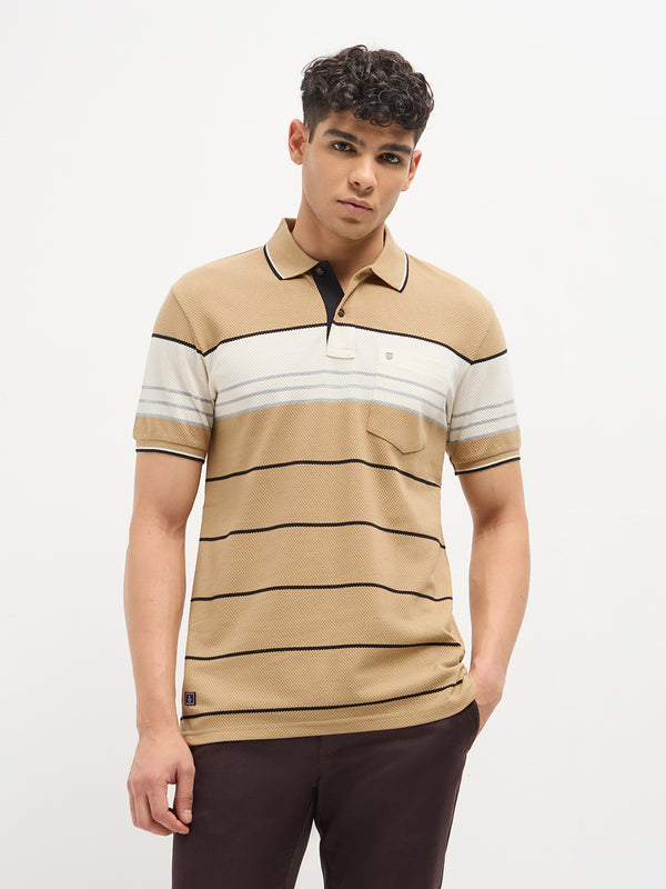 Sand Horizontal Stripes Polo T Shirt