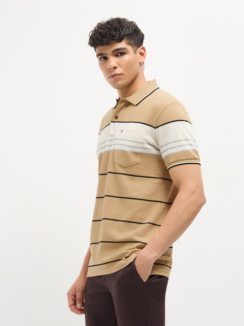 Sand Horizontal Stripes Polo T Shirt