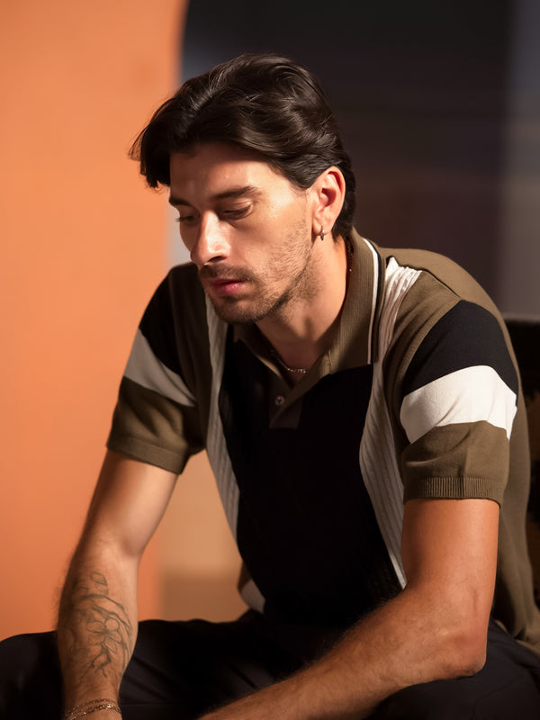 Olive Brown and Black Vertical Textured Stripes Polo T Shirt