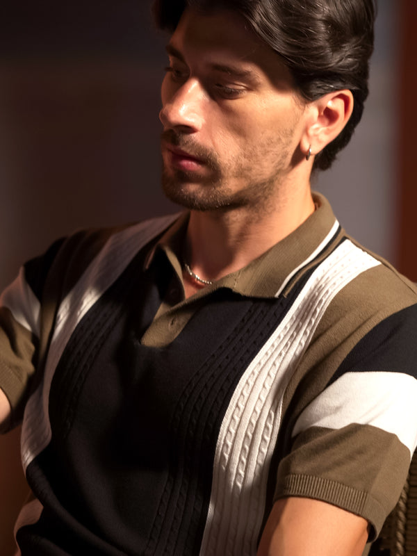 Olive Brown and Black Vertical Textured Stripes Polo T Shirt
