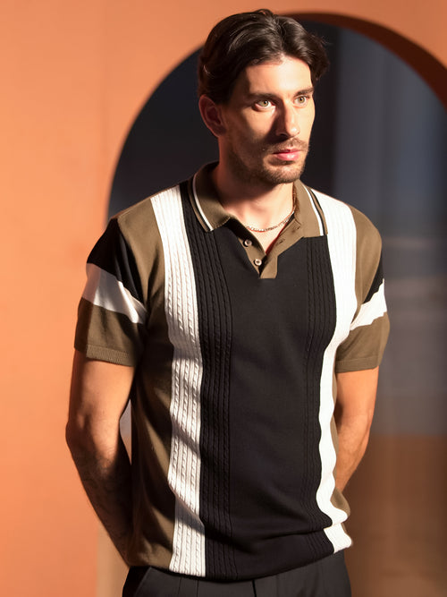 Olive Brown and Black Vertical Textured Stripes Polo T Shirt