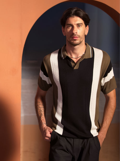 Olive Brown and Black Vertical Textured Stripes Polo T Shirt
