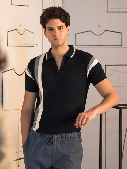 Dark Blue Vertical Stripes Polo T Shirt