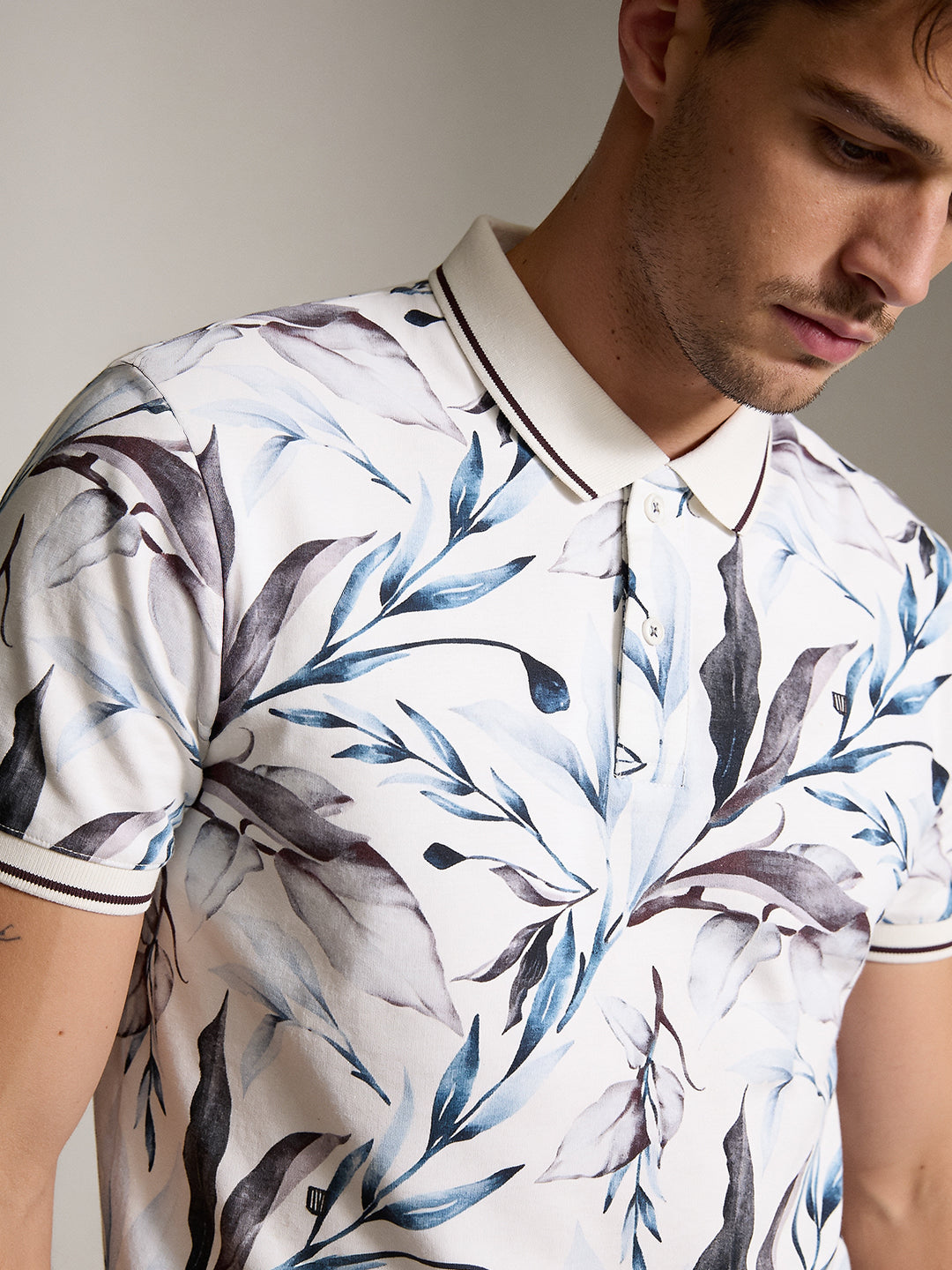 Light White and Blue Floral Printed Polo T Shirt