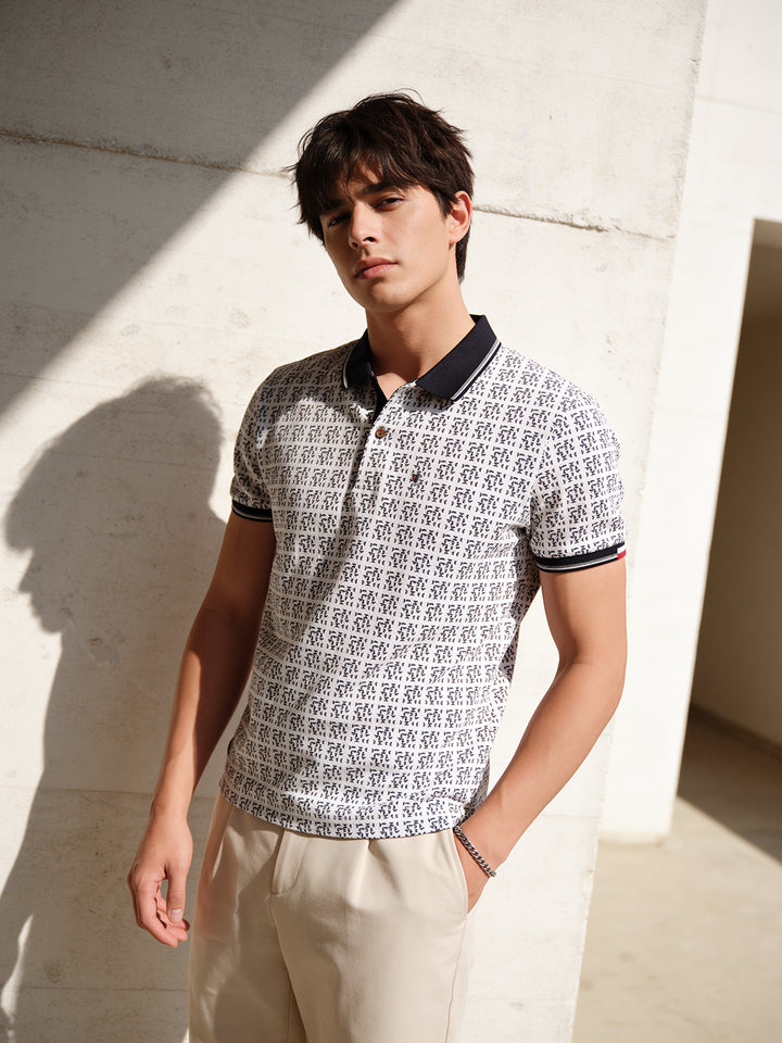 White and Black Printed Polo T Shirt