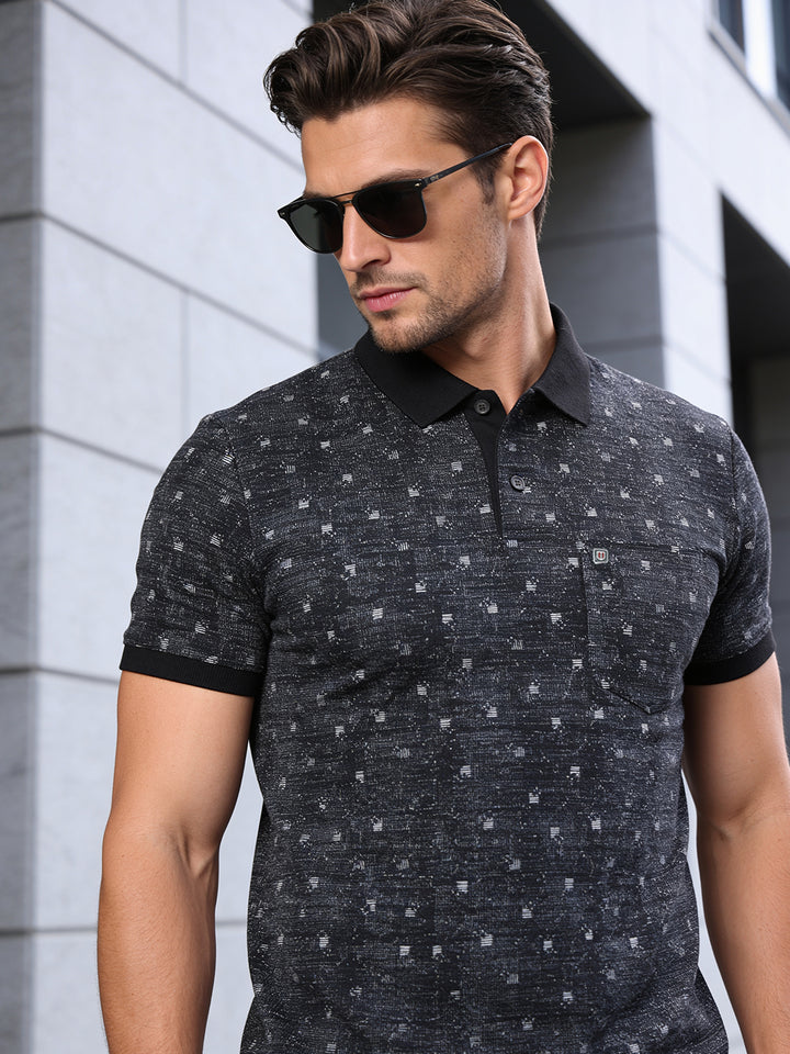 Deep Black Printed Polo T Shirt