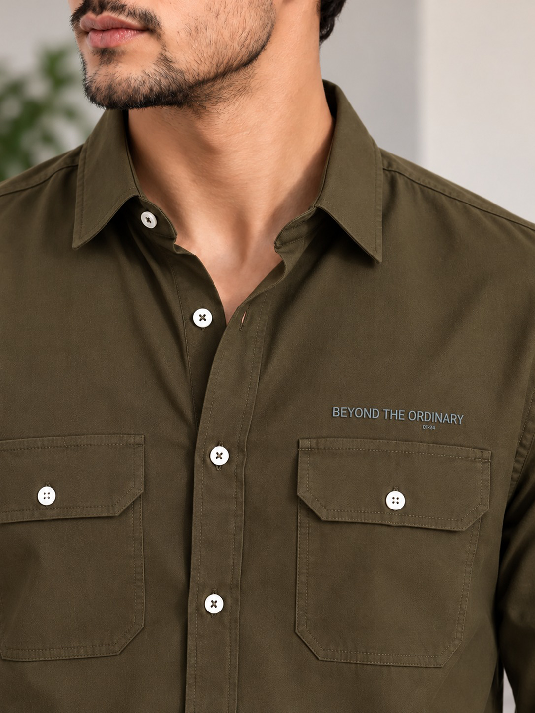 Vintage Olive Plain Urban Casual Shirt With Dual Pockets