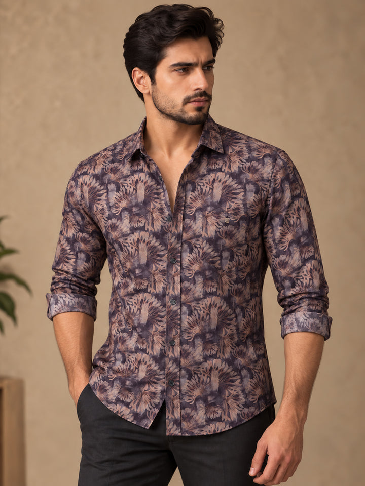 Smoked Purple and Sand Floral Printed Casual Shirt