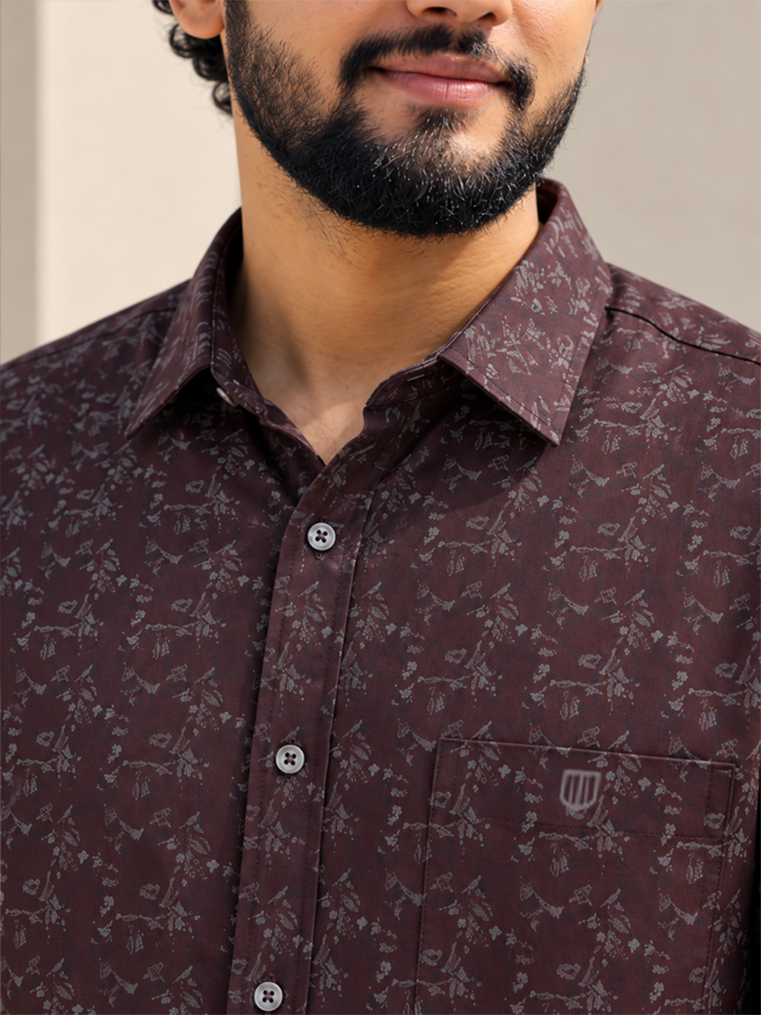 Dark Burgundy Micro Floral Printed Casual Shirt