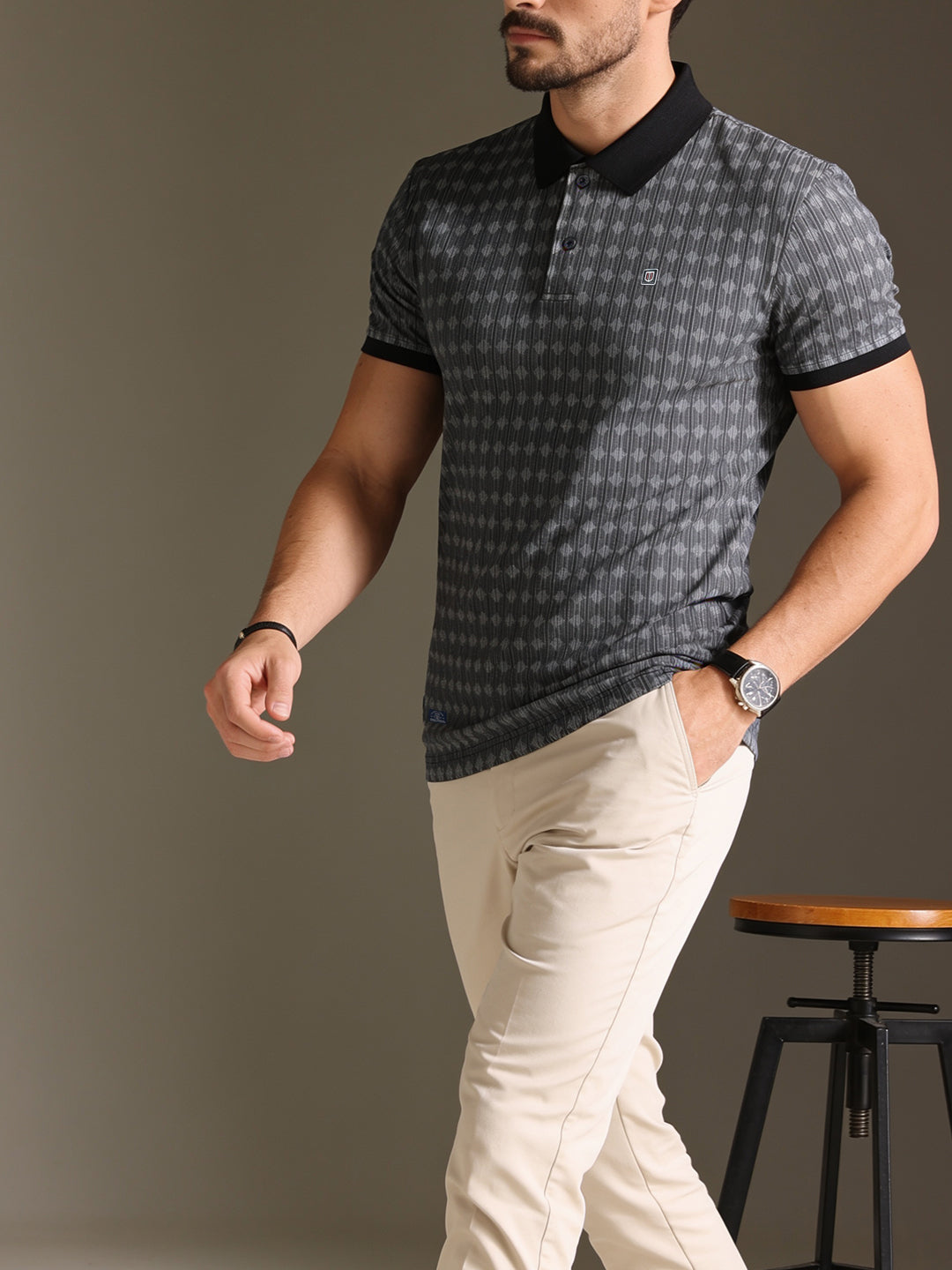 Noir Black Textured Printed Polo T Shirt