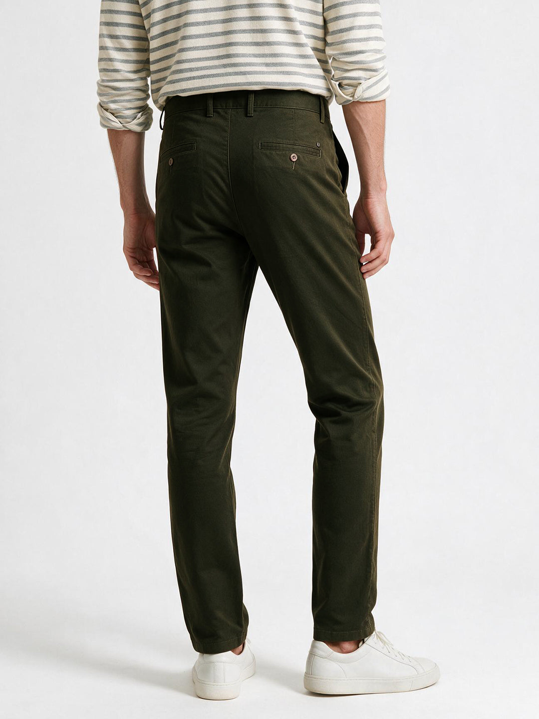 Dark Olive Cotton Twill Satin Solid Casual Trousers