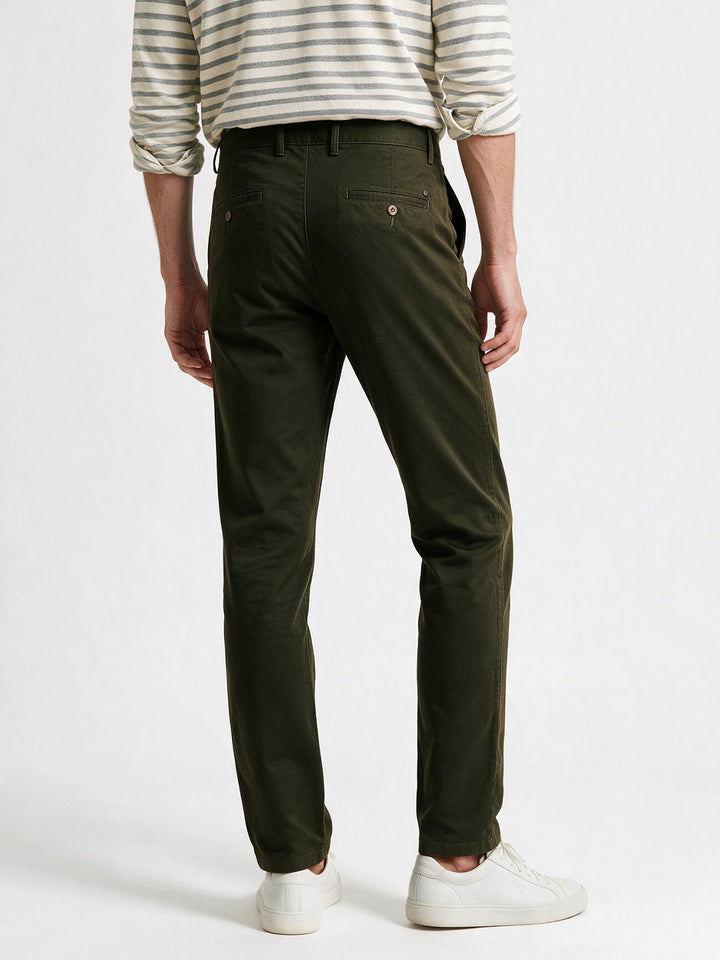Dark Olive Cotton Twill Satin Solid Casual Trousers