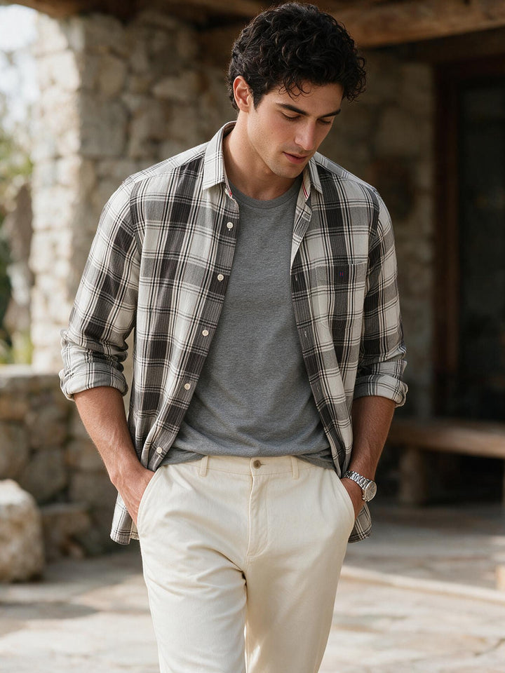 Slate Brown and White Checked Casual Shirt