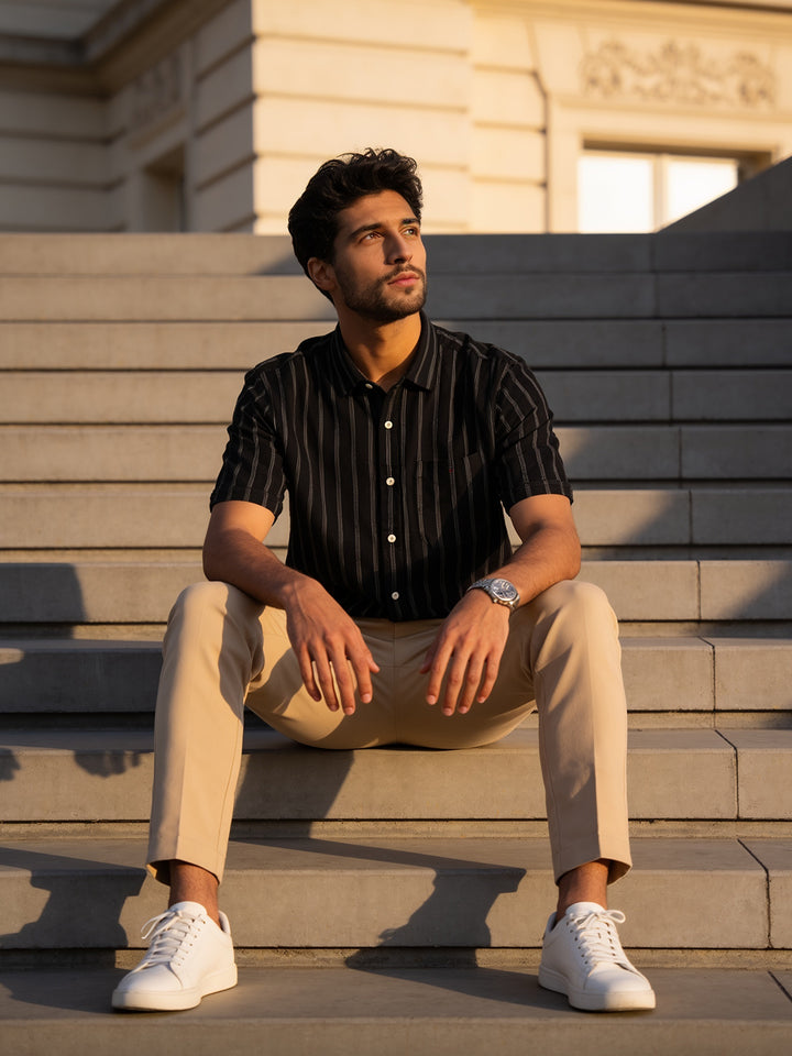 Smoke Black Vertical Stripes Casual Shirt