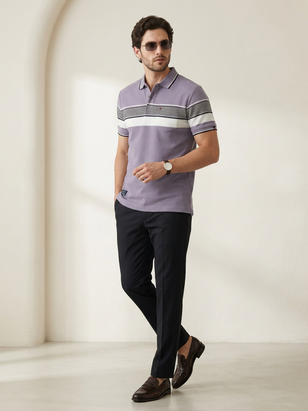 Lavender Grey Horizontal Stripes Polo T Shirt