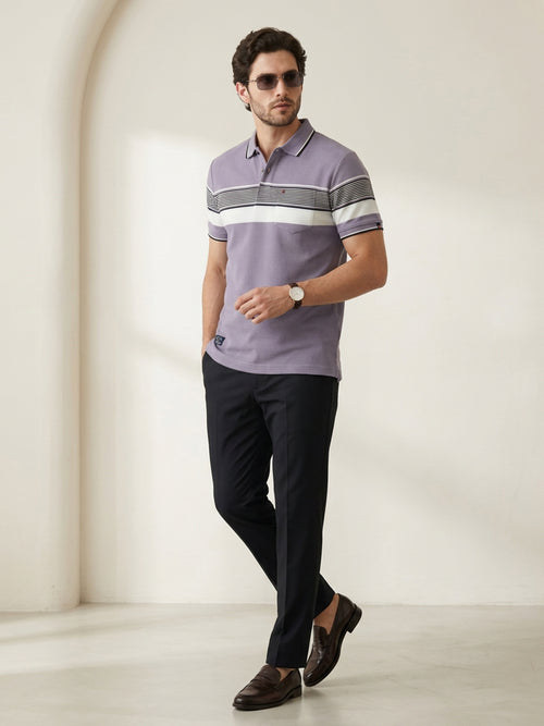 Lavender Grey Horizontal Stripes Polo T Shirt