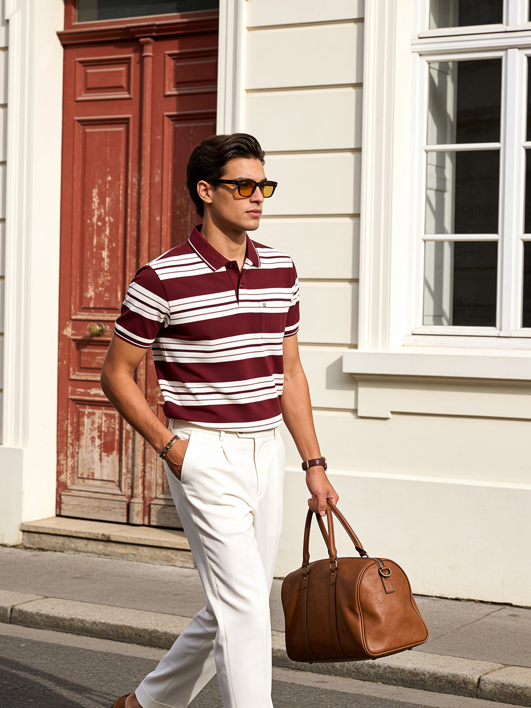 Maroon Red and White Stripes Polo T Shirt