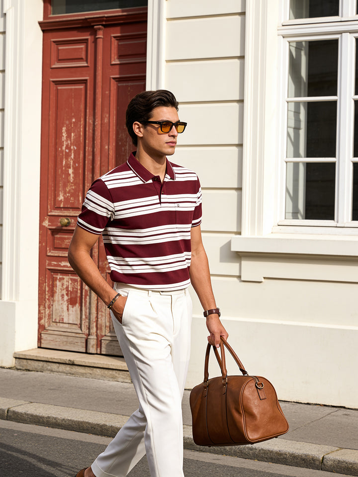 Maroon Red and White Stripes Polo T Shirt
