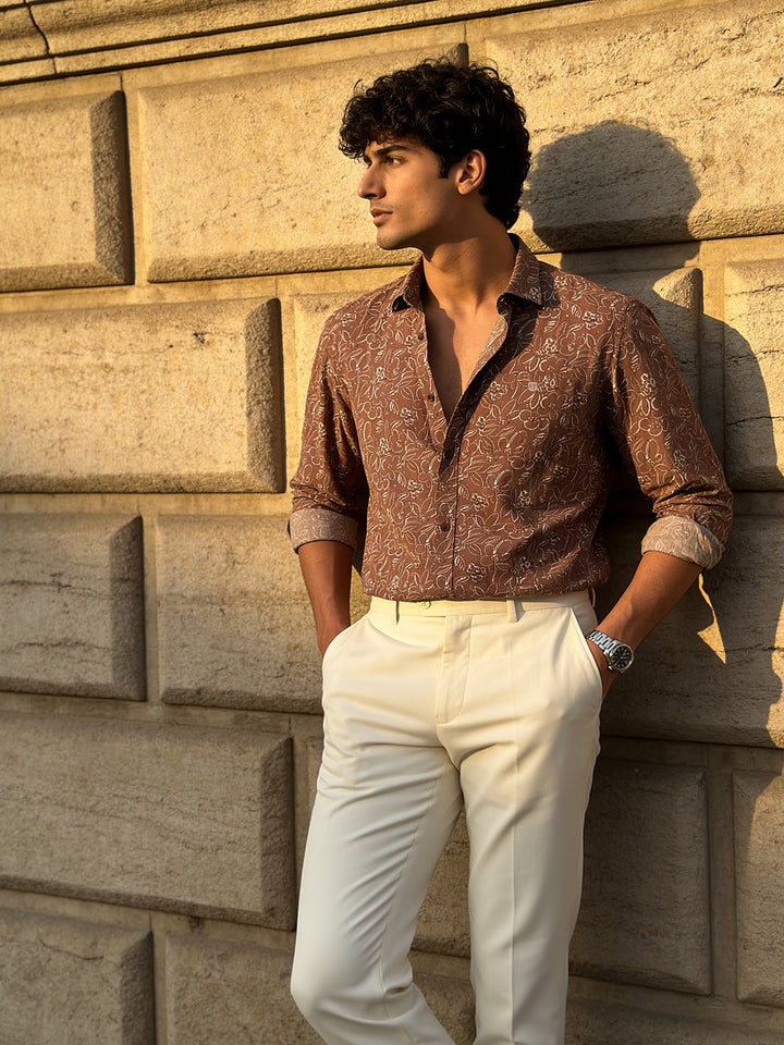 Muted Brown Floral Printed Casual Shirt