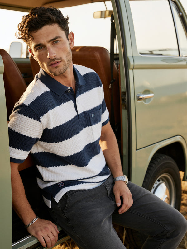 Air Force Blue Solid Horizontal Stripes Polo T Shirt