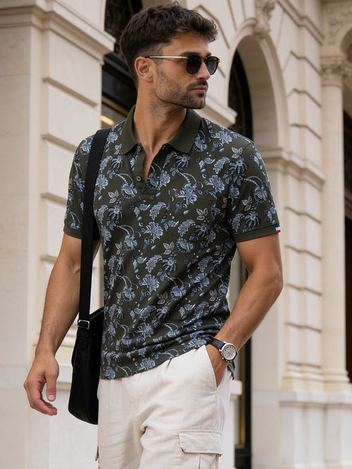 Deep Olive Green Floral Printed Polo T Shirt