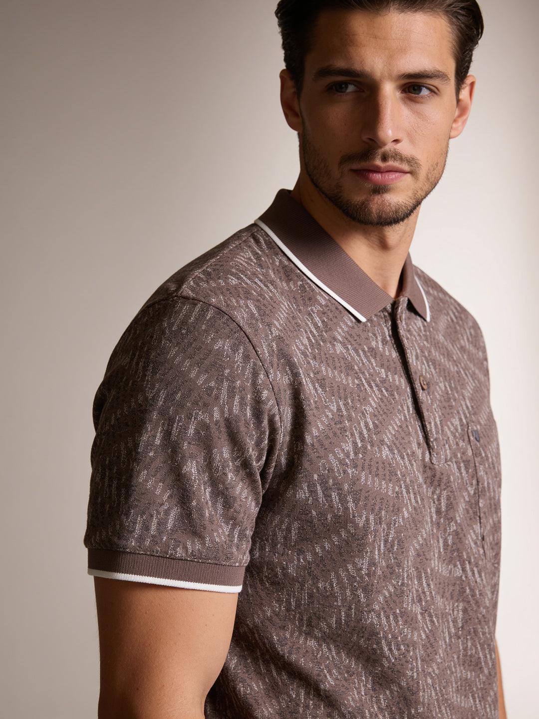 Fawn Brown Geometric Printed Polo T Shirt