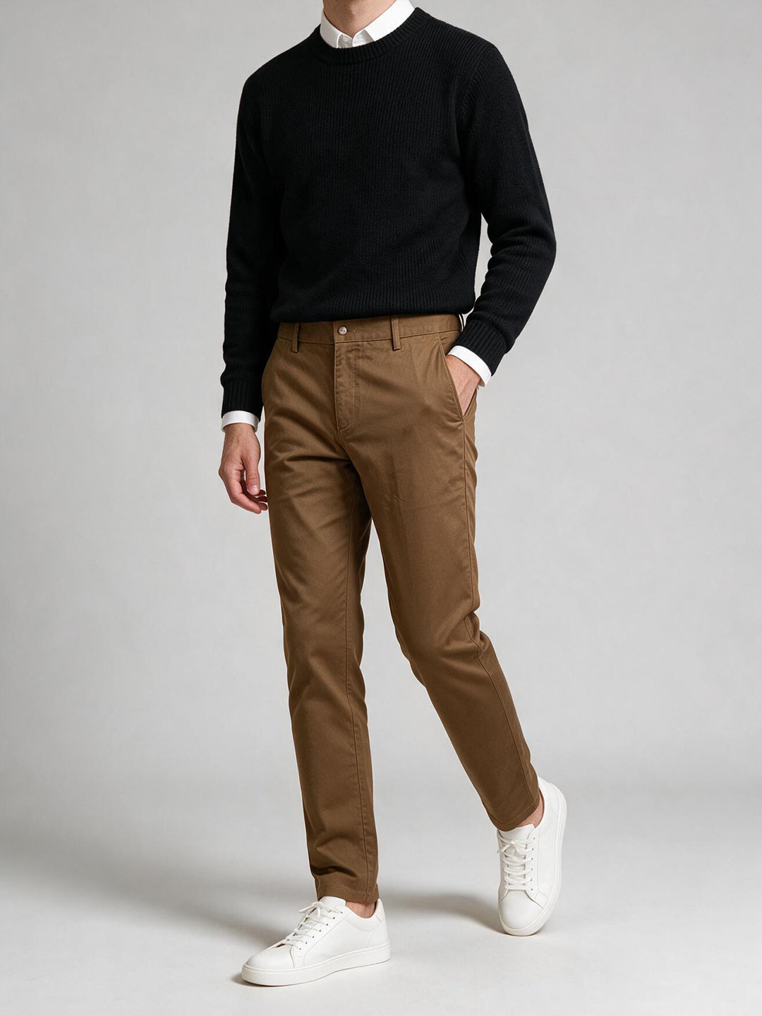 Brick Brown Cotton Twill Satin Solid Casual Trousers