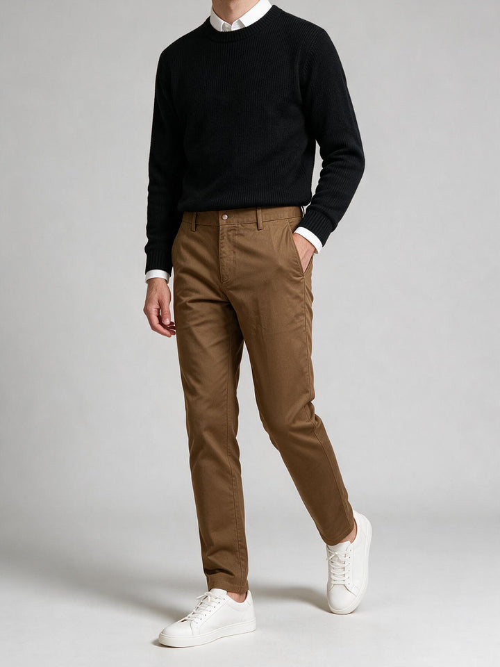 Brick Brown Cotton Twill Satin Solid Casual Trousers